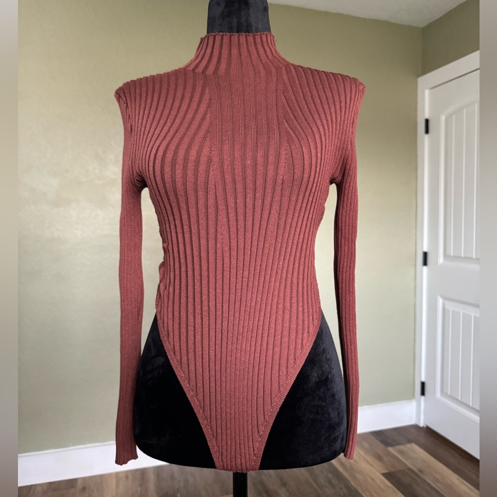 Brown Long Sleeve High Leg Mock Neck Bodysuit